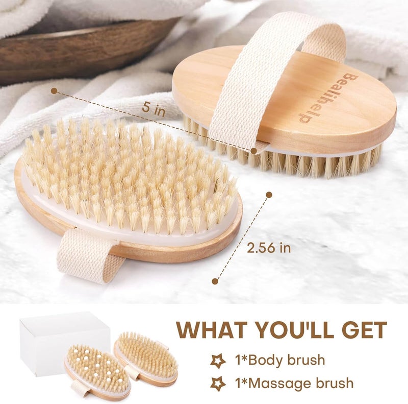 Bealihelp 2 Pack Dry Brushing Body Brush, Natural Bristle Exfoliating Brush with Massage Nodes, for Lymphatic Drainage and Improving Skin Health and Reduces Acne - Image 2